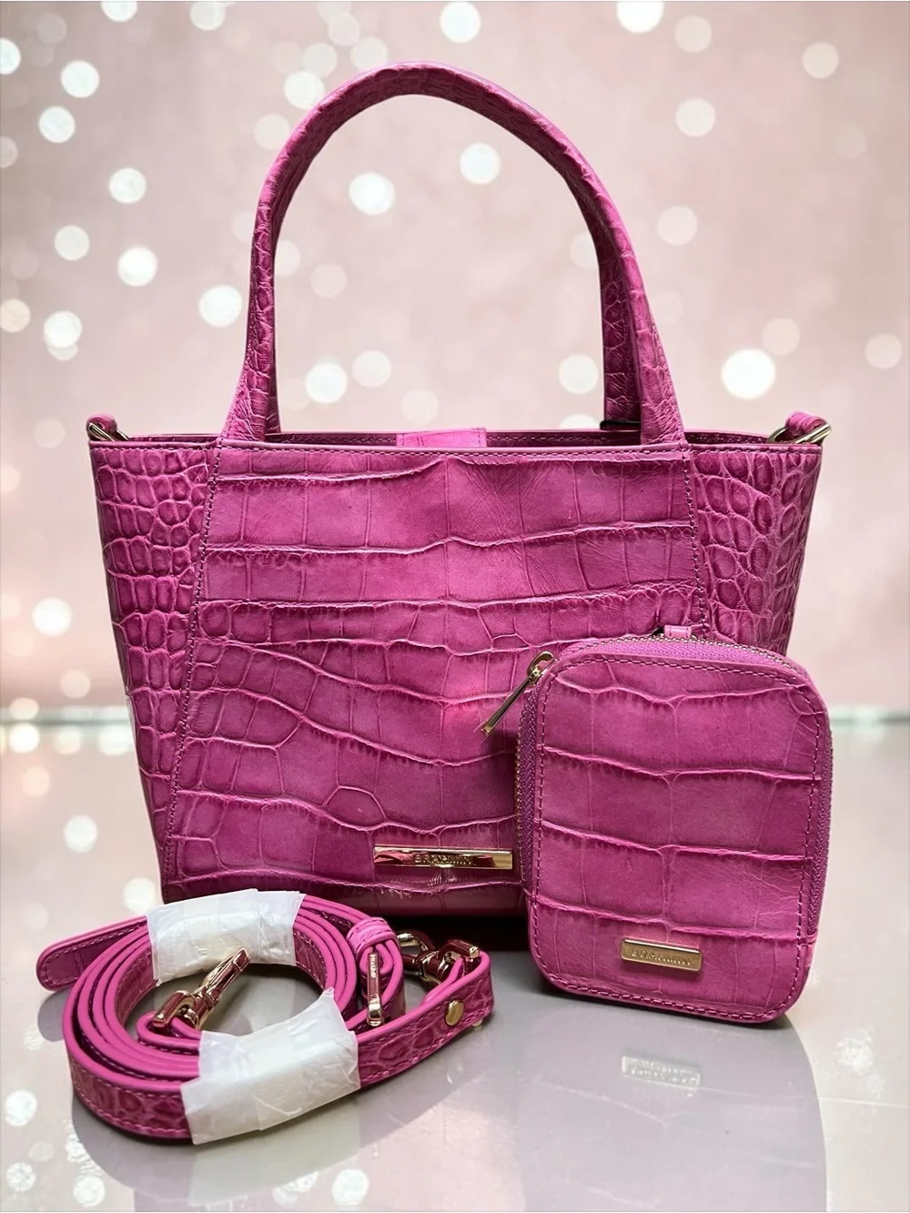 NWT Brahmin Leather Small Mona Tote and Pouch Set, Pink Alba